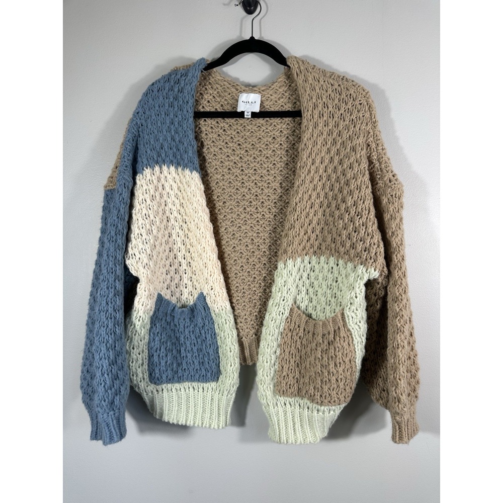 Gilli Cardigan Womens Medium Colorblock Oversized‎ Chunky Knit Open Boho